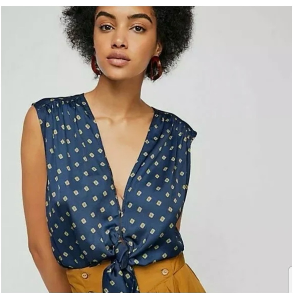 Free People Women’s Morning in Marrakesh Navy Silky Tie Front Blouse Top Size XS